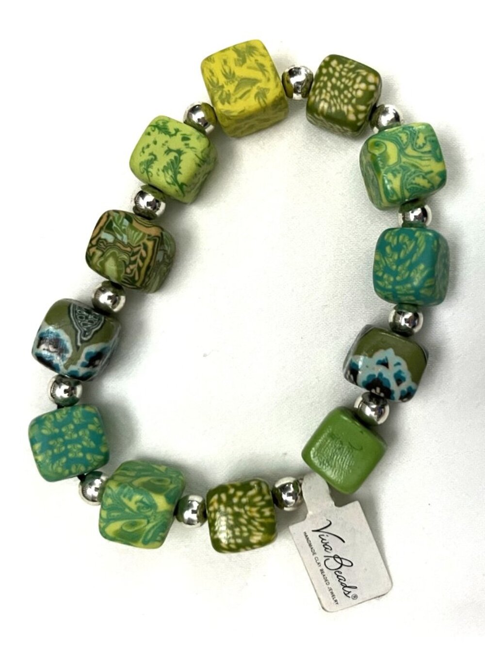 NWT Viva Bead Green Polymer Clay Handmade Caned Square Bead Stretch Bracelet